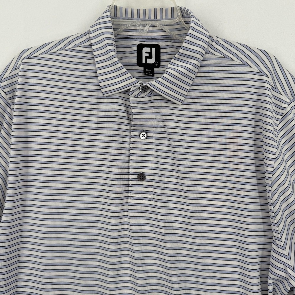 FootJoy‎ FJ Men's L White Blue Stripe Golf Polo Shirt Stretch Performance